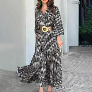 2024 Autumn New Elegant Dress Black Print Vintage V Neck Fashion Leisure Gathering Women Slim Long Dresses MsChuh Vestidos