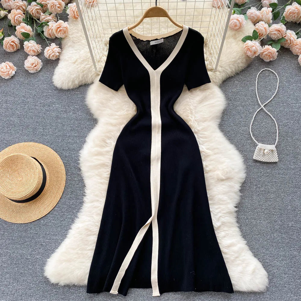 Vintage Elegant Short Sleeve Stretch Knit Slim Dress French Fashion Casual Vestidos A-Line Basic Autumn Winter Sweater Dresses Vintage Elegant Short Sleeve Stretch Knit Slim Dress French Fashion Casual Vestidos A-Line Basic Autumn Winter Sweater Dresses