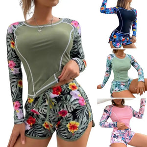 2 Pcs/Set Women Swimsuit Set Long Sleeves O Neck Floral Print Top Drawstring Elastic Waist Shorts Water Sports Top Shorts Set