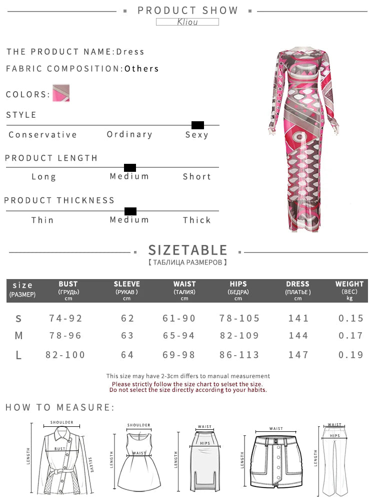 kliou Attractive Printed Women Mesh Maxi Dress Fashion Autumn Long Sleeve O-neck Skinny Vestidos Female Sexy Night Clubwear Robe