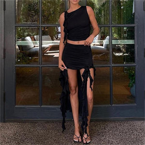 New Fashion Women Skirt Set Sleeveless Ruffled Vest With Irregular Long Skirt Summer Outfit For Club Party Streetwear S M L