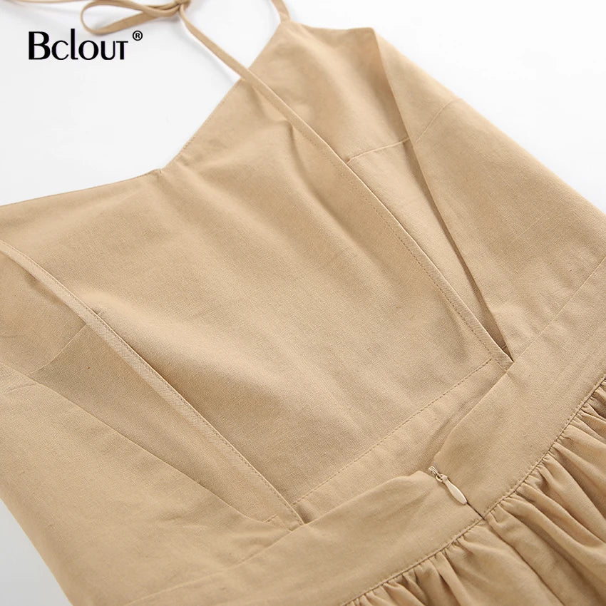 Bclout Fashion Brown Linen Long Dress Women 2024 Elegant Lace-Up Pockets A-Line Dresses Summer Sexy Backless Party Pleated Dress