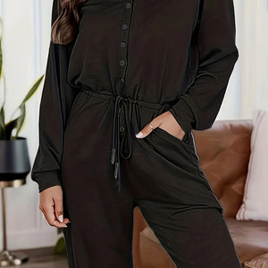 Plus Size Casual Jumpsuit, Women's Plus Solid Button Up Long Sleeve Round Neck Drawstring Nipped Waist Tapered Leg Jumpsuit With