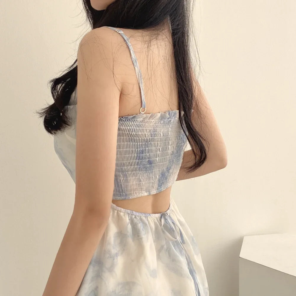 Fashionable Chiffon Suspender Summer Dress Korean Chic Temperament Fresh Ink Painting Print Hollowed Out Backless Dress