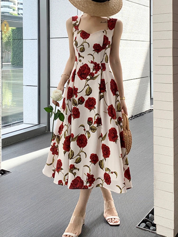 Women's Summer Elegant Floral Print Rose Strap Midi Dress Sleeveless Casual Beach Party Sundress Female Fashion A-Line Vestidos