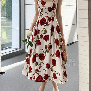 Women's Summer Elegant Floral Print Rose Strap Midi Dress Sleeveless Casual Beach Party Sundress Female Fashion A-Line Vestidos