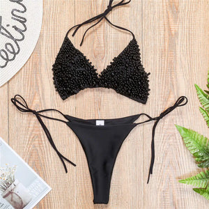 Sexy Halter Mini Bikini Female Swimsuit Women Swimwear Two-pieces Bikini set Luxury Pearl Bather Bathing Suit Swim Lady V2090