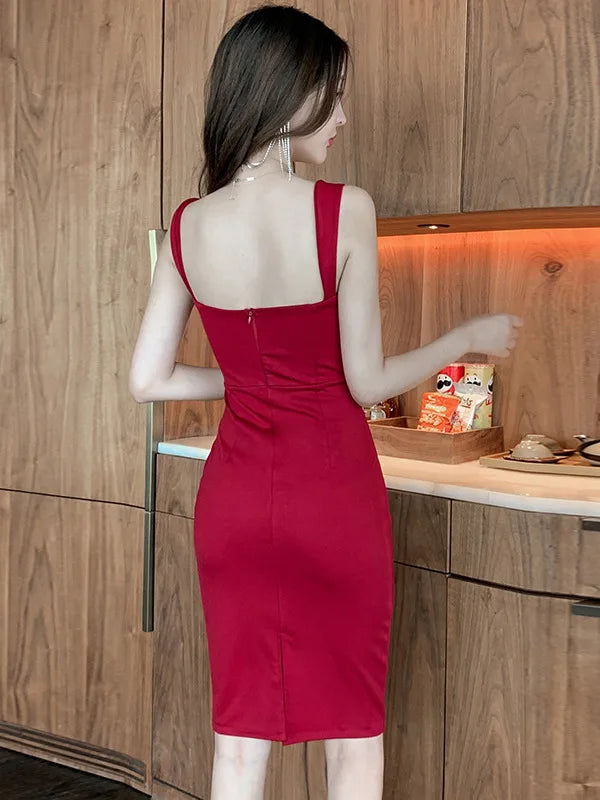 Sweet Fashion Slash Neck Long Dress Sexy Office Lady Straps Slim Medium Dress Elegant Women 2023 New Sweet Spice Girls 4CWT