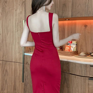 Sweet Fashion Slash Neck Long Dress Sexy Office Lady Straps Slim Medium Dress Elegant Women 2023 New Sweet Spice Girls 4CWT