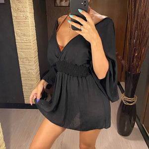 New Sexy V Neck Long Sleeve Backless Chiffon Tunic Beach Cover Up Beach Cover-ups Beach Dress Beach Wear Beachwear V3840