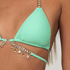 Sexy Crystal Diamond Solid Bikini 2022 Women Halter Bandeau Swimsuit Female Brazilian Swimwear Thong Bikini Set Bathing Suit