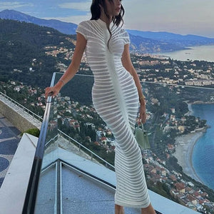 Cnyishe Sexy Club Knitted Striped Women Long Dresses Patchwork Slim Sheath Solid Casual Streetwear Fashion Robes Vestidos Female