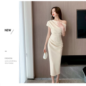 Elegant Off Shoulder Evening Party Dresses Women Summer Fashion Slim One Piece Solid Vestidos Korean Graduation Robe Clothing