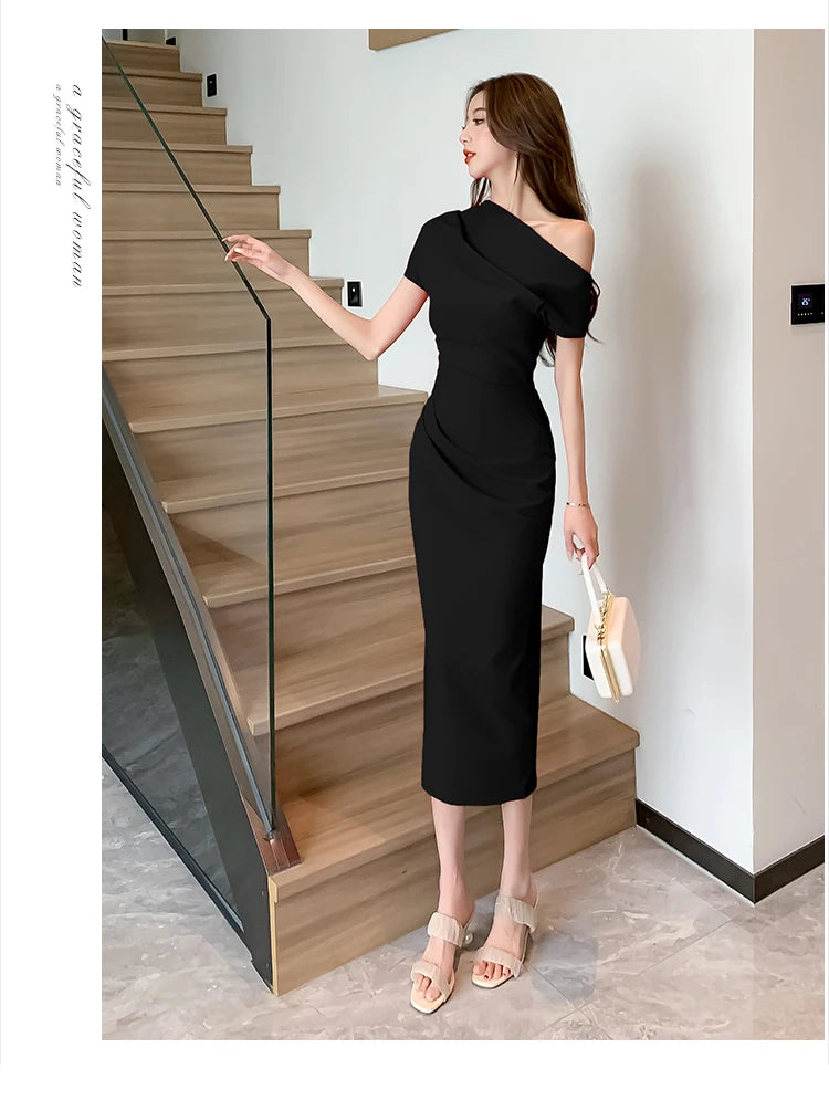 Elegant Off Shoulder Evening Party Dresses Women Summer Fashion Slim One Piece Solid Vestidos Korean Graduation Robe Clothing