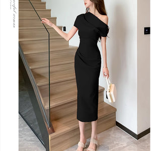 Elegant Off Shoulder Evening Party Dresses Women Summer Fashion Slim One Piece Solid Vestidos Korean Graduation Robe Clothing