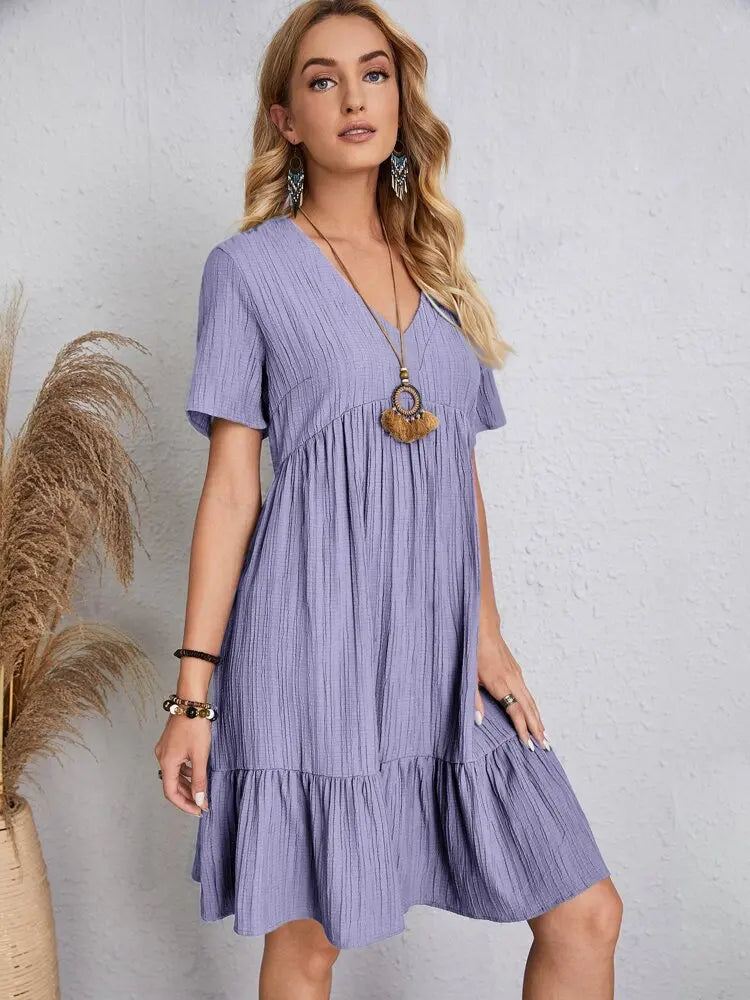 Vintage Solid Elegant Women Dress 2023 Summer Fashion Casual V-Neck High Waist A-Line Mini Dresses Lady Short Sleeve Party Dress