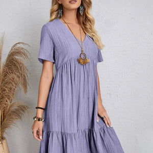 Vintage Solid Elegant Women Dress 2023 Summer Fashion Casual V-Neck High Waist A-Line Mini Dresses Lady Short Sleeve Party Dress