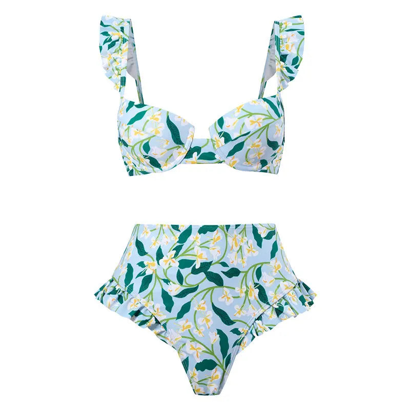 2023 New Arrival Push Up Women Bikini Set Floral Printed Ruffle Bikinis Strappy Bandage Swimwear Brazilian Biquini Bathing Suit