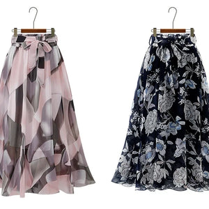 2024 Summer Print Floral Skirts For Women Casual Loose Elastic Waist Plus Size Skirt Belt A-line Chiffon Beach Saias Midi Femme