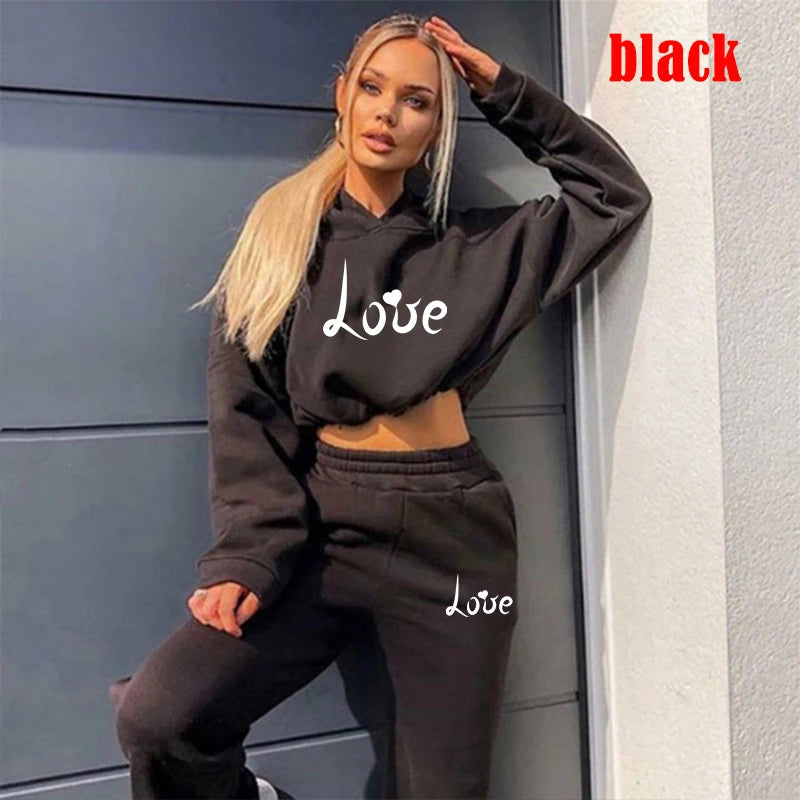 Womens Love Print Hoodie + Sweatpants 2-piece Sweat Suits Tracksuits Jogging Sports Suits Baseball Uniforms Track Suits Jogger