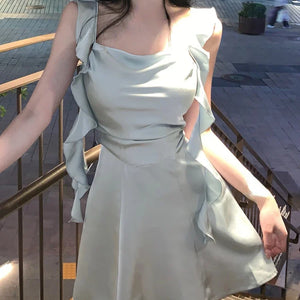 Elegant Party Y2k Mini Stain Dress Women Sleeveless Fairy Strap Dress Office Lady Vintage One Piece Dress Korean 2024 Summer