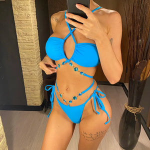 Sexy Diamond Rhinestones Wrap Around Bikini Female Swimsuit Women Swimwear Two-pieces Bikini set Bather Bathing Suit Swim V5167