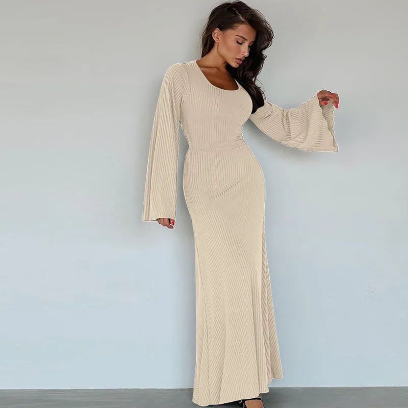 Tossy Scoop Neck Lace-Up Ribbed Maxi Dress Female Long Sleeve Fashion Slim Loose Bandage Dress Autumn 2023 Solid Women Dress New