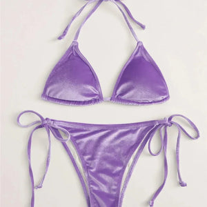 Purple Velvet Swimsuit Sexy String Halter Triangle Bikinis Set Mujer Micro Thong Swimwear Women Biquini Bikinis Set Bathing Suit