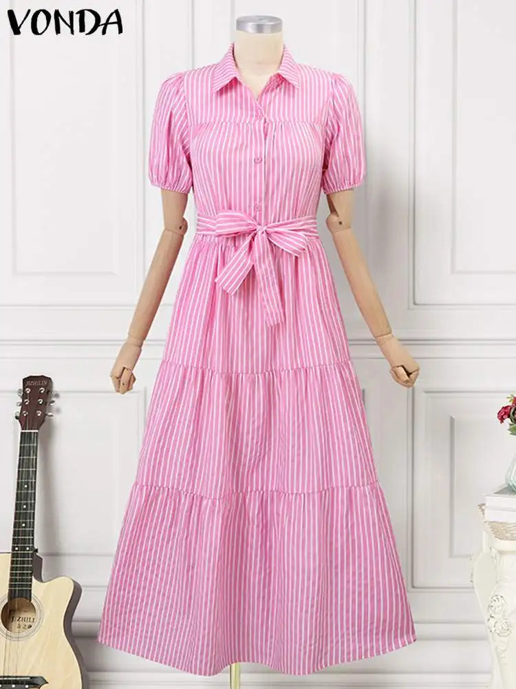 Plus Size 5XL VONDA Women Fashion Shirt Dress 2024 Summer Short Sleeve Casual Midi Sundress Elegant Loose Stripe Vestidos Belted