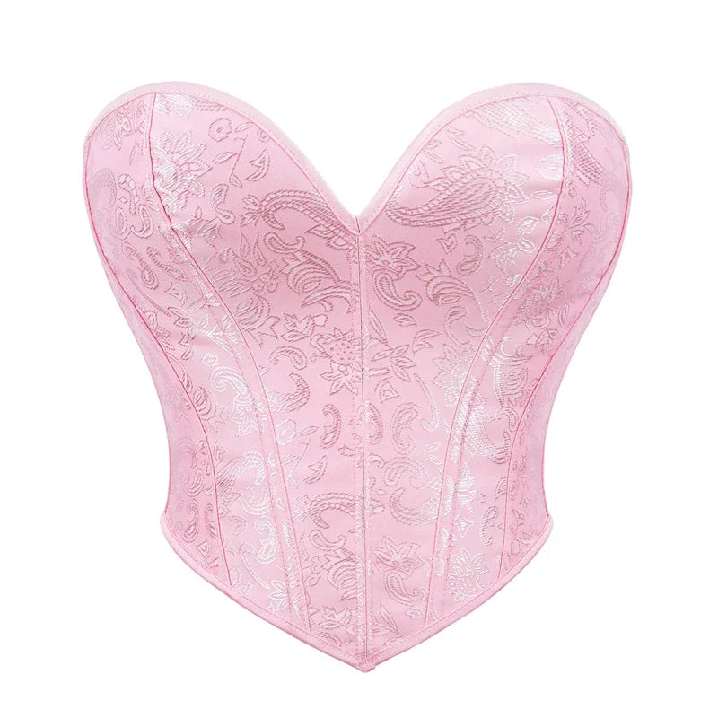 Short Torso Pink Lace Up Corsets Crop Top Plastic Boned Overbust Brocade Slim Body Shaper Women Sexy Lingerie