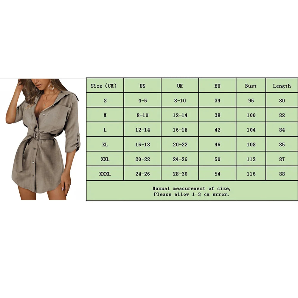 Vestido Feminiso Elegant Shirt Dress Fashion Mini Dress Top Women Dress Deep V-neck Button Fold Over 3/4 Sleeve