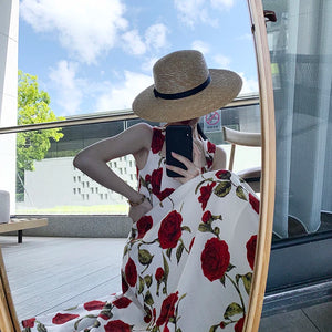 Women's Summer Elegant Floral Print Rose Strap Midi Dress Sleeveless Casual Beach Party Sundress Female Fashion A-Line Vestidos