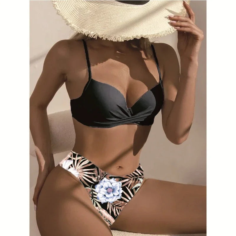 Floral Print 3 Pieces Swimsuit Women Strappy Bikini Set+Long Sleeve Blusas Cover-Up Swimwear Sexy Low Waist Push Up Bathing Suit