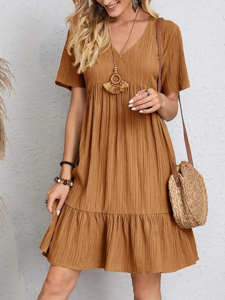 Vintage Solid Elegant Women Dress 2023 Summer Fashion Casual V-Neck High Waist A-Line Mini Dresses Lady Short Sleeve Party Dress