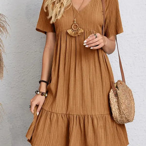 Vintage Solid Elegant Women Dress 2023 Summer Fashion Casual V-Neck High Waist A-Line Mini Dresses Lady Short Sleeve Party Dress