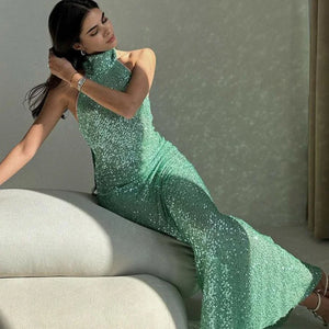 Green Sexy Luxury Shiny Sequins Lace Slip Long Dress Women Fashion High Split Backless Evening Robes Ladies Midnight Y2k Dress