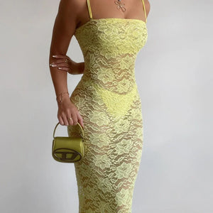 Yellow Lace Maxi Dress Women Fashion Spaghetti Strap Long Evening Party Dresses Sexy See Through Club Night Summer Dress 2024