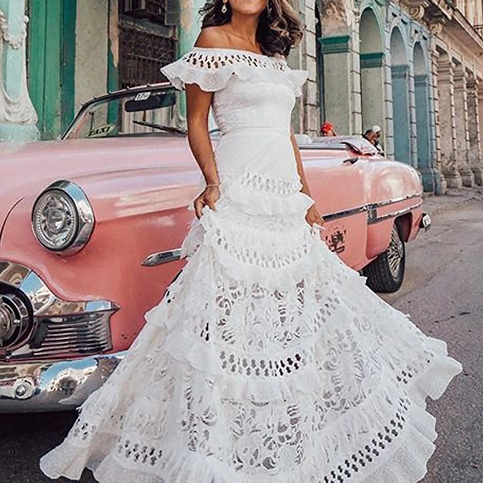 Elegant Off  Shoulder Solid Ruffle Long Evening Dress Summer Fashion Sleeveless Swing Dress Classic Lace Hollow Party Sexy Dress