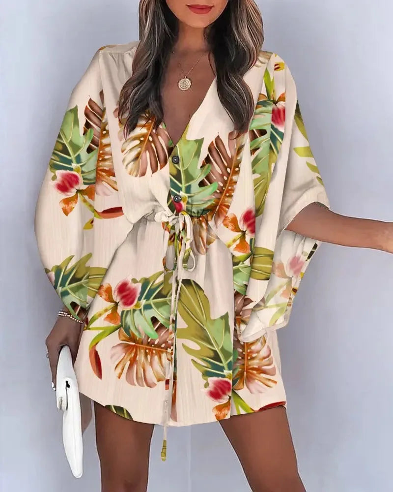 Summer Casual Dress Women Fashion Flying Sleeve V-neck Print Beach Party Dresses Elegant Lace Up Mini Dress Robe Femme 2023 New