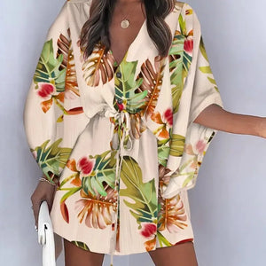 Summer Casual Dress Women Fashion Flying Sleeve V-neck Print Beach Party Dresses Elegant Lace Up Mini Dress Robe Femme 2023 New