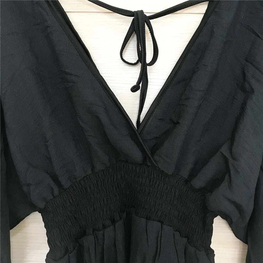 New Sexy V Neck Long Sleeve Backless Chiffon Tunic Beach Cover Up Beach Cover-ups Beach Dress Beach Wear Beachwear V3840