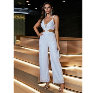 Sexy Sling Sequined Deep V Plunge Sexy Suit Loose Casual Straight Pants Waist Hollow Out Cutout High End Jumpsuit
