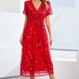 Sequin Leaf Embroidery Tie Front Short Sleeve Dress