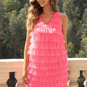 V-Neck Tiered Sleeveless Mesh Dress