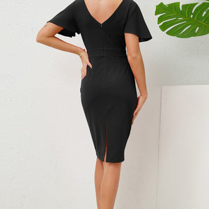 Slit Round Neck Flutter Sleeve Dress