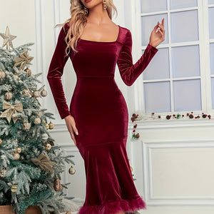 Plush Hem Square Neck Long Sleeve Dress