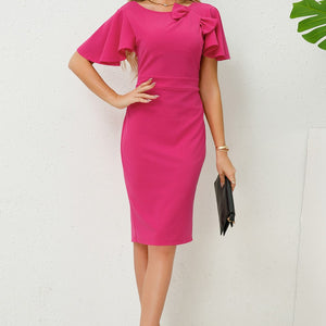 Slit Round Neck Flutter Sleeve Dress