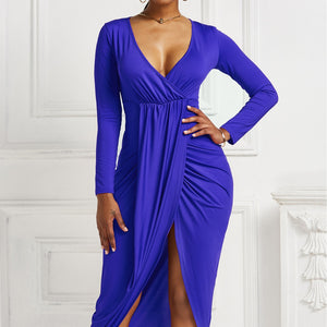 High-low Ruched Surplice Long Sleeve Dress