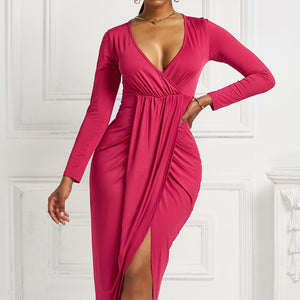 High-low Ruched Surplice Long Sleeve Dress