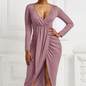 High-low Ruched Surplice Long Sleeve Dress